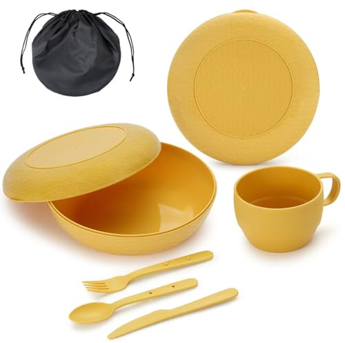 Berglander Camping Besteck Set mit Schüssel, Teller, Tasse, Löffel, Gabel, Messer und Tragetasche, platzsparend, Camping Essentials Utensilien aus Kunststoff für Reisen, Picknick (goldgelb)