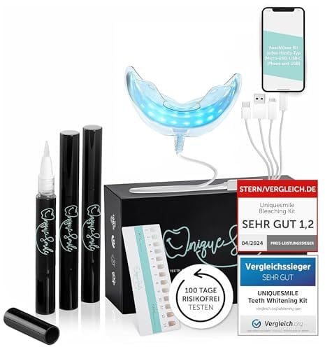 Hochwertiges Teeth whitening kit von UniqueSmile - Testsieger 2023-100 Tage risikofrei testen - All in One Bundle für Zahnaufhellung & weiße Zähne - Zahn Bleaching Set (Basic-Set)