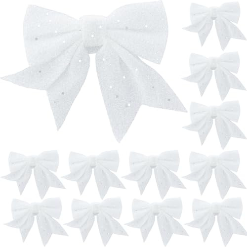 YUNLI 12 Stück Weihnachtsschleifen Weihnachtsschleifen Weiß Glitzer Weihnachtsbaumschleifen Baumschmuck Baumschmuck für Weihnachtskranz Geschenke