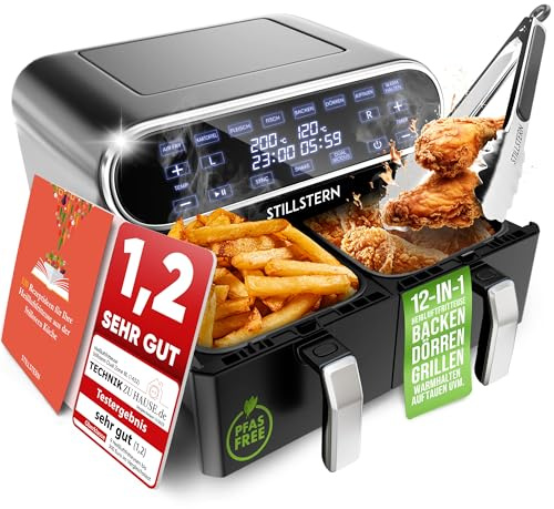 Stillstern Heißluftfritteuse 2 Kammern 8L Dual Zone Airfryer XXL, 2400W, Ausgezeichnet 1,2 (Sehr Gut), Fritteuse Air Fryer, Rezeptbuch, Auftauen&Warmhalten Heissluftfritteuse Doppelkammer, Air Fryers