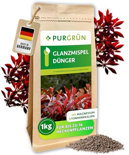 Purgrün® Glanzmispel-Dünger 1 kg – Organisch-mineralische Rezeptur – Feinkörniges Krümelgranulat – NPK 8+4+5 – Extra Magnesium für eine leuchtende Blattfärbung – Verbessert die Bodenqualität