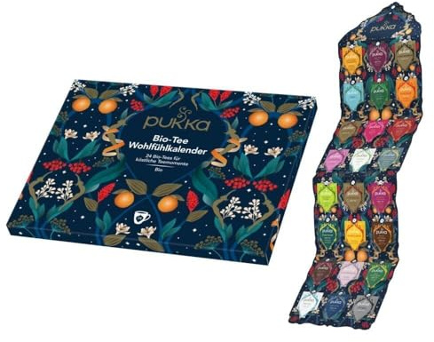 Pukka Tee Geschenkset, Tee Adventskalender Bio, Wohlfühlkalender 2024, Umweltfreundlich, Keine Schokolade, Milchfrei, Tee Set, Geschenkidee, 23 Varianten, 24 Teebeutel
