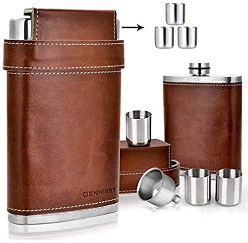 GENNISSY Edelstahl Flachmann,8oz braunes Leder mit 3 Bechern und Trichter, 100% auslaufsicher