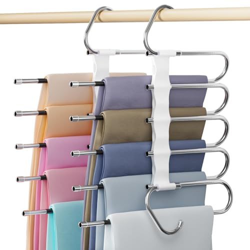 DAMITA Hosenbügel Platzsparend Hosen Weiß Kleiderbügel Kunststoff 2 Stück 5 in 1 Plastik Edelstahl Stabil Faltbare Hosenkleiderbügel Schrank Organizer Schals Jeans Kleidung Für Damen und Herren
