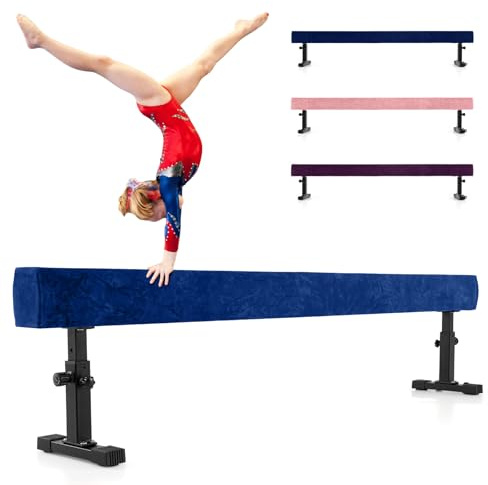 COSTWAY 226 cm Schwebebalken mit 3 Höhen verstellbar, Gymnastikbalken, Heimtrainingsgerät mit robusten Metallbeinen & Rädern, Balancierbalken für Anfänger und Profis (Blau)