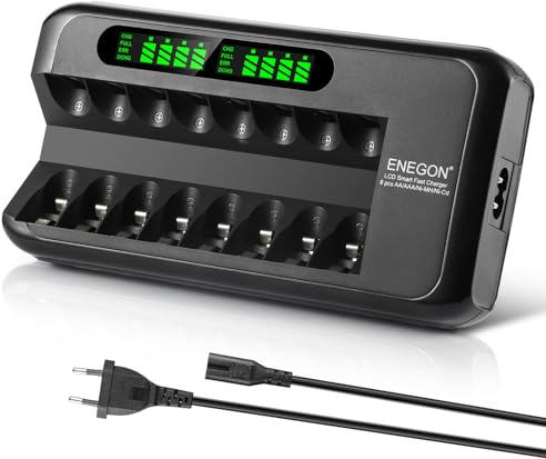 ENEGON Akkuladegerät, Schnell Akku Ladegerät mit AC-Adapter und intelligentem LCD-Display, Unabhängiges 8-Ladeplatz Batterieladegerät für NI-MH NI-CD Wiederaufladbare AA AAA Batterien