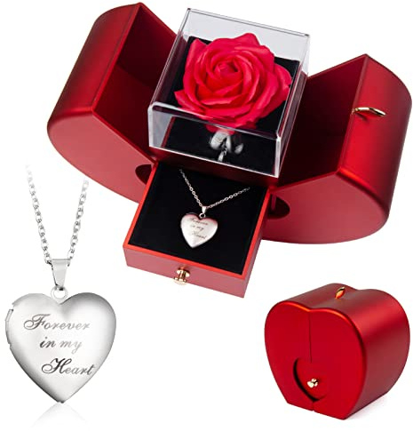 Ewige Rose im Glas Schätzen Konservierte Roses Apfelkiste Rosenbox Mit Forever in My Heart Foto Halskette Liebes Geschenk für Sie Valentinstag Infinity Rose Geburtstagsgeschenk für Mama Muttertag