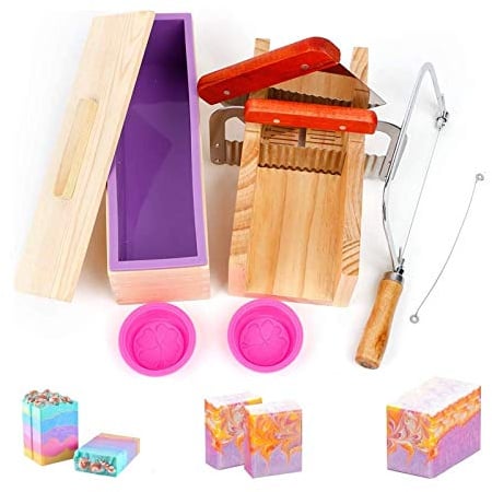 Seifenschneider Set Seife selber machen Seifenmachen Set Silikon | DIY Seifenherstellung Handgefertigt Seife Kit, rechteckige Silikon Seife Form mit Holzkasten