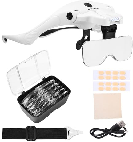 Lupenbrille mit Licht, Vergrößerungsbrille,Brille USB Ladung mit 4 LED | Lupenbrille mit Licht Licht und 2 Einstellbarer Helligkeit Lupenbrille für Brillenträger,5 Linsen 1,0X1,5X 2,0X 2,5X,3,5X