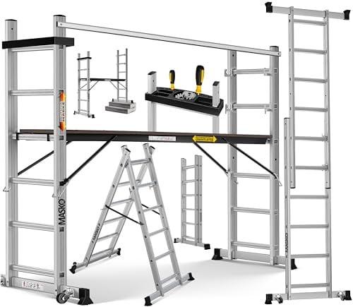 Masko® Baugerüst Alugerüst Gerüst 𝟰𝗶𝗻𝟭✓ Anlegeleiter ✓ Bockeiter ✓ Arbeitsgerüst ✓ treppenleiter✓ Arbeitsbühne | bis 150 KG belastbar | Anti-Rutsch beschichtet | Gerüstleiter | GS geprüft (EN 131)