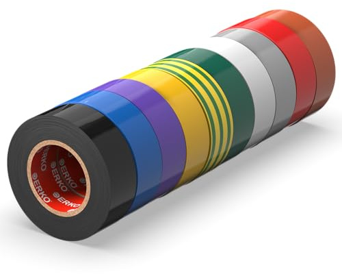 ERKO Isolierband Multicolor 15mm x 10m Farbig Set 10 Stück PVC Elektro Leitungen Reparatur, Hochflexibel mit starker Klebekraft, Chemiebeständig, Wasserfest, Klebeband, bunt