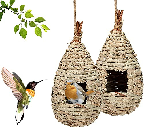 2 Stück Gras Bird Nest, Vogelnest Gras, Handgewebte Vogelhäuser, Verschleißfest Hängender Vogelnest, Handgewebte Vogelhütte Grass Bird Nest, für Wellensittich Meise, Kanarienvogel, Amsel (11.5x22 cm)