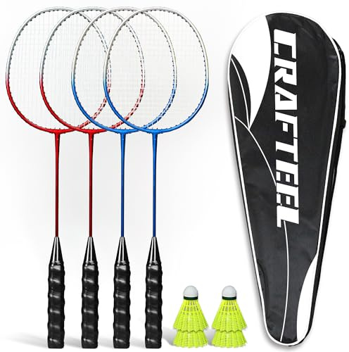 Federball Set, Badminton Set 4 Schläger Badmintonschläger 4 Federbälle und Tragetasche im Lieferumfang