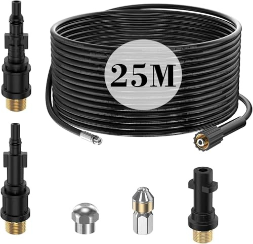 25M Rohrreinigungsschlauch für Kärcher K2 K3 K4 K5 K6 K7 HD HDS, 180Bar Rohrreinigungsset mit Düsen Starr + Rotierend, Adapter Kompatible für Hochdruckreiniger Lavor Parkside & Bosch Zubehör