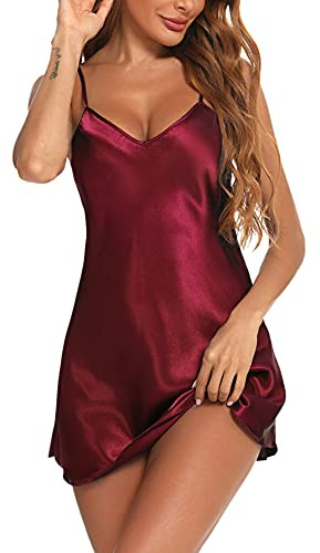Litherday Negligee Damen Sexy Babydoll Kurz Satin Nachthemd V-Ausschnitt Nachtkleid Sommer Nachtwäsche Frau Sleepwear mit Verstellbare Träger, Weinrot, M