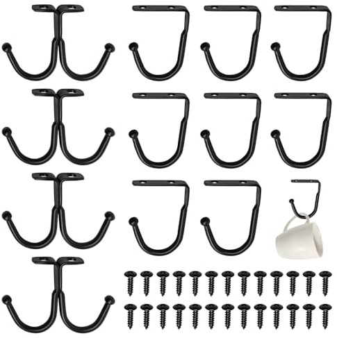 FL HUA 12 Stück Haken für Unter Regal, Tassen Haken Unter Schrank Metall mit Schrauben, Tassenhalter Schrank Küchenhaken Schwarz für Tassen Utensilien Mantel Hut Krawatte und Pflanzer