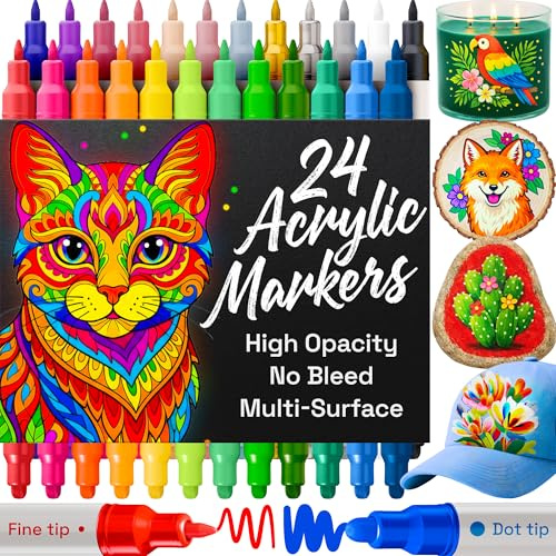 Artistro 24 Acrylstifte für Stoff, Stein, Holz, Glas – Osterdekoration & Basteln – Dual Tip (Dot & Fein) Acrylmarker für Erwachsene, Teenager und Kinder – Kunstbedarf