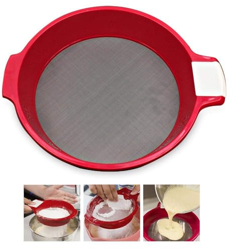 KOBWA Mehlsieb, Edelstahl, feinmaschiges Sieb, Siebpfanne, Lebensmittel, Tee, Zucker, Mehl, Siebe für Küche, Zuhause(Rot, Dia. 15 cm)
