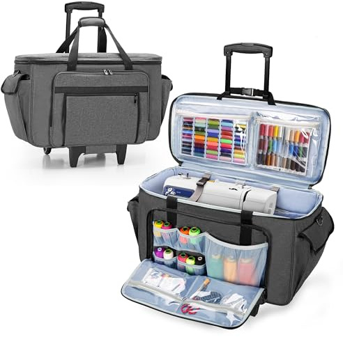CURMIO Nähmaschinentasche mit Abnehmbarem Trolley, Rollende Stickmaschine Tasche mit Bodenträgerplatte für Näh- und Stickmaschine, Grau