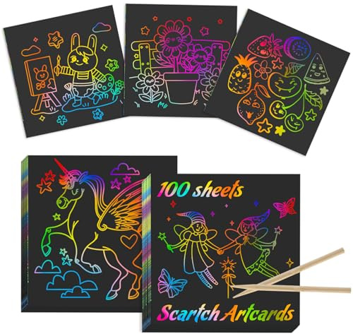 Kesote Kratzpapier Set, 100 Blätter Malerei Kratzbilder mit 2 Stück Kratzstifte DIY Weihnachten Geschenk (8 x 8 cm)