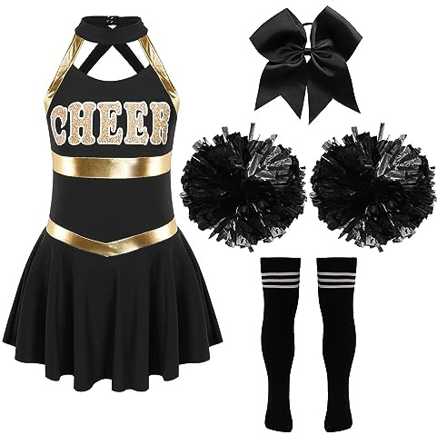iiniim Mädchen Cheer Leader Kostüm Set Ärmellos Cheer Kleid mit Pompoms Socken Cheerleading Uniform Schule Feiertag Show Tanzkostüm A Schwarz&Weiß 146-152