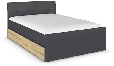 Rauch Möbel Joel-EXTRA, Bett, Grau metallic/Eiche Artisan, 145x90x209 cm | Doppelbett, Stauraumbett, mit 2 Stauraumschubladen, für Schlafzimmer, Jugendzimmer, Gästezimmer, Liegefläche 140x200 cm
