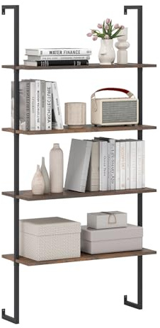 HOMASIS Leiterregal mit 4 Ebenen, Wandregal mit Metallrahmen, Wandmontage Bücherregal, offenes Standregal Büroregal mit Kippschutz, Aufbewahungsregal für Wohnzimmer Büro (Braun, 76x30x163cm)