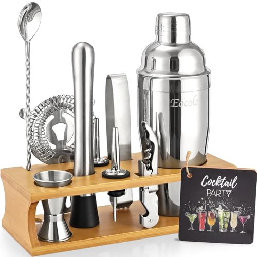 Cocktail Shaker Set mit Bambus Ständer & Rezeptbuch, Edelstahl 750ml Bar Cocktailset Cocktailshaker mit Bar Zubehör Werkzeug,11 Stück Cocktail Mix Set für Barkeeper Geschenk Frauen