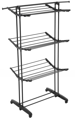Meisterhome® Klappbarer Wäscheständer Wäscheturm Effizientes Trocknen mit 3 Ebenen, 2 Seitenflügeln - 18m Trockenleinenlänge - Platzsparend, vielseitig und mobil für drinnen und draußen – Schwarz