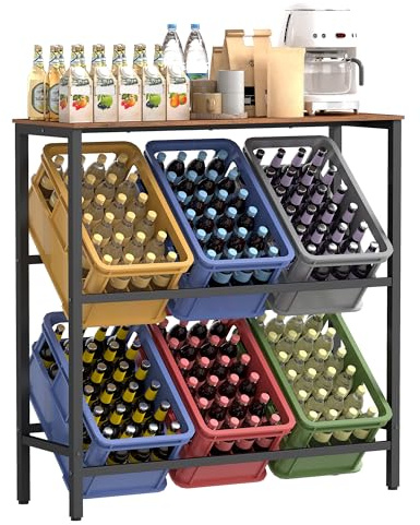 SONGMICS Getränkekistenregal, 2 Ebenen, für 6 Kisten, Aufbewahrungsregal, Jede Ebene bis 150 kg belastbar, Stahl, Getränkeregal, für Küche, Wohnzimmer, Garage, vintagebraun-tintenschwarz BSC363K01