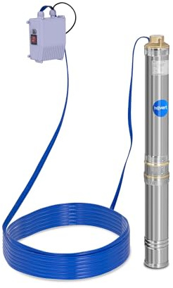 Hillvert Brunnenpumpe 230 V 6000 L/h 750 W Edelstahl Fördertiefe: 72 m mit Rückschlagventil, 20 m Kabel und Schaltkasten mit Überstromschutzschalter Tiefbrunnenpumpe Tauchpumpe Rohrpumpe