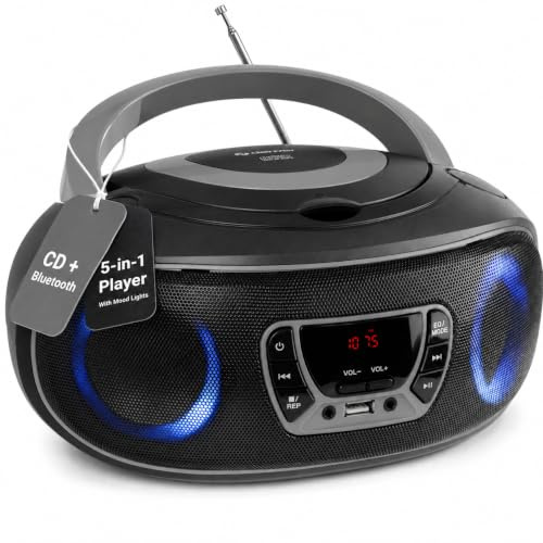 Denver CD-Player mit Radio, Bluetooth und USB, Grau | CD-Player mit Radio und Bluetooth: USB-MP3, AUX, 2 × 2 W RMS, LED-Beleuchtung, Netz- oder Batteriebetrieb
