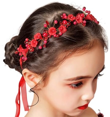 IYOU Prinzessin Rote Blume Kopfschmuck Perle Haar Kleid Kristall Braut Hochzeit Haarschmuck für Blumenmädchen