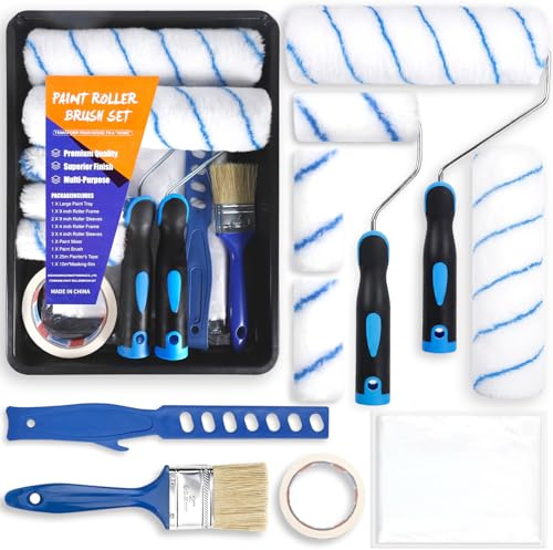 POWZOO 12er Farbroller Set,Malerset Streichen zubehör,mit XXL Farbwanne,Abdeckfolie,Farbroller Bügel,Farbroller,malerpinsel,pinselrolle,Kreppband,Malerpinsel Set für Anstricharbeiten und Renovierung.