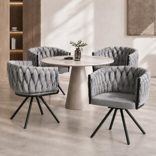 Merax Drehstuhl 4er Set, Moderne Esszimmerstuhl aus Samt, Armlehnstuhl Drehbar mit Metallbeinen, für Esszimmer, Wohnzimmer, Schlafzimmer, Grau