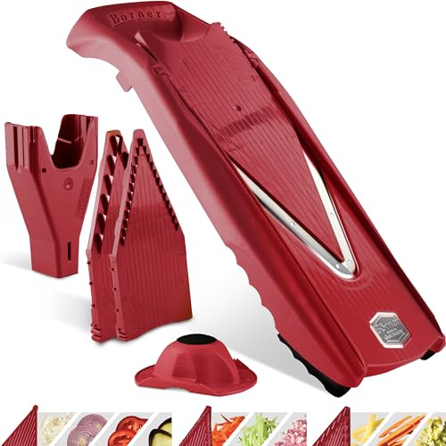Börner Gemüsehobel V5 (Starter Set) • V-Hobel für Scheiben, Sticks & Würfel in vielen Größen • Gemüseschneider mit Edelstahl V-Klinge • Verstellbarer Küchenhobel • Farbe: Rot