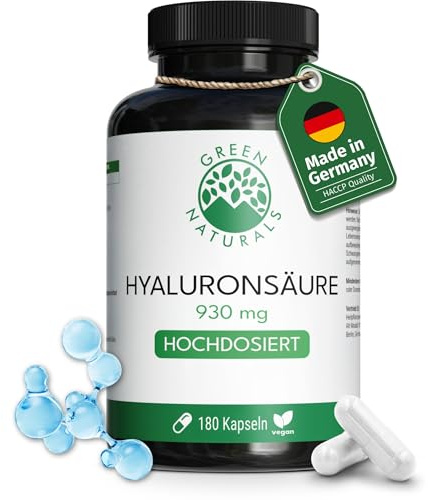 Green Naturals® Hyaluronsäure Kapseln – Hochdosiert: 930 mg vegane Hyaluronsäure pro Tagesdosis – 180 Kapseln für 2 Monate – Laborgeprüft in Deutschland