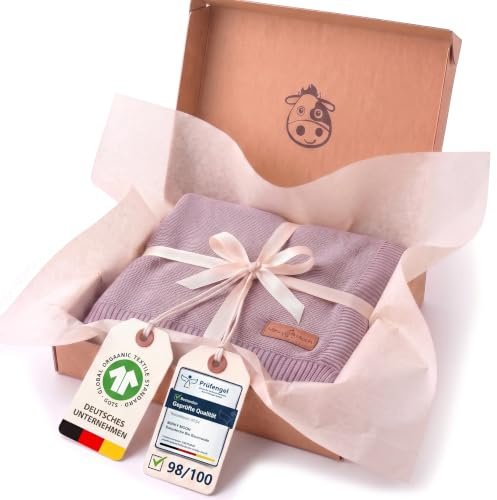 Minky Mooh® - Babydecke aus 100% Bio Baumwolle (Öko-Tex 100) Gr. 94x72cm Flieder - Baby & Kuscheldecke Geschenk für Neugeborene zur Geburt Erstausstattung - Pucktuch & Baumwolldecke Mädchen & Jungen