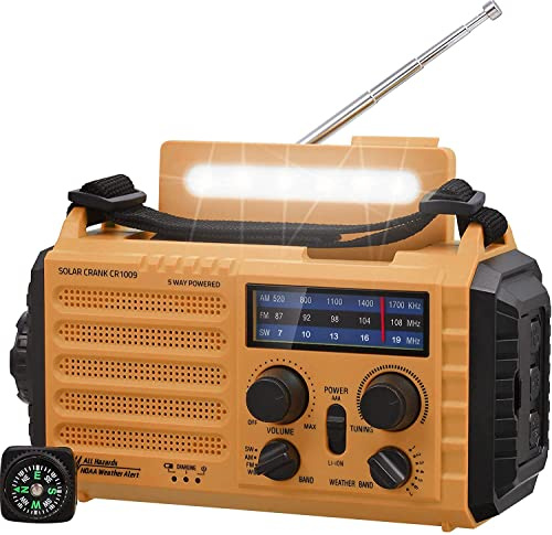 Tragbare Solar Radio, Notfall Radio mit Kurbel, Dynamo Wetter AM/FM/SW Radio, 5000mAh Wiederaufladbare Powerbank, Typ C Anschluss, LED Taschenlampe&Leseleuchte, SOS Alarm, Kompass für Camping Outdoor