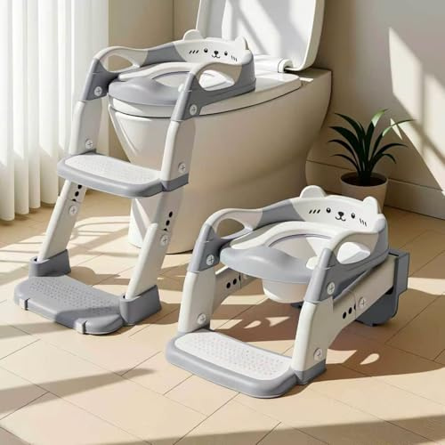 Toilettensitz Kinder mit Treppe, 3 in 1 Klappbarer Toilettenleiter für Kinder, Rutschfest und Wasserdicht, mit Spritzschutz, Kinder Toilettensitz für Kinder das Selbstständige Toilettentraining（Grau）