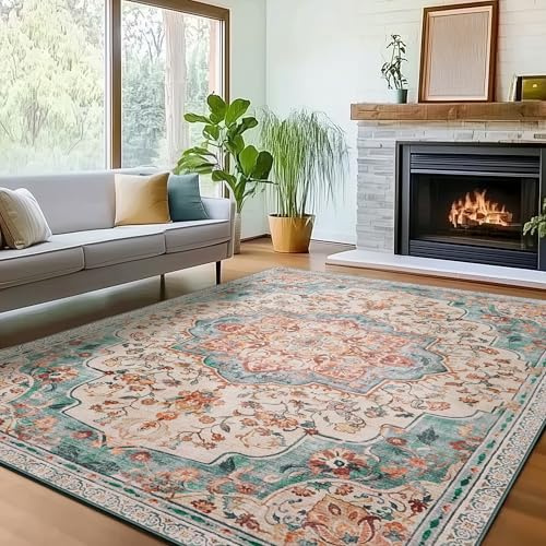 SONGMICS Wohnzimmerteppich Waschbar rutschfest, Boho, 80 x 150 cm | Kurzflor Teppich Faltbar, Dekoration für Schlafzimmer, Aquamarinblau, Verina Kollektion TAR037Q01
