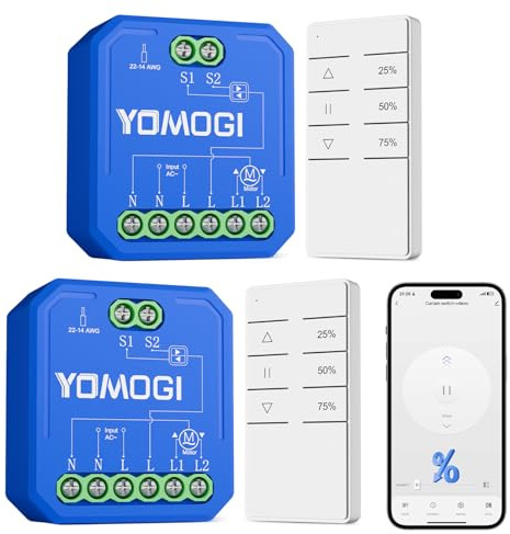 YOMOGI Wlan Rolladenschalter mit RF Fernbedienung gekoppelt, Prozentkontrolle Wlan Rolladen Zeitschaltuhr für Rollläden/Jalousien, Kompatibel mit Alexa & Google & Siri (Mit Fernsteuerung, 2)