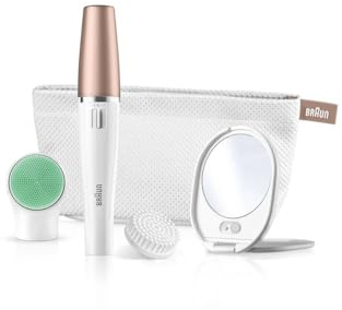 Braun FaceSpa Gesichtsepilierer Damen, Gesichtsreinigungsbürste, Massagepad, Spiegel und Tasche, Haarentfernung und Reinigung, Wasserdicht — 851v, Weiß/Bronze