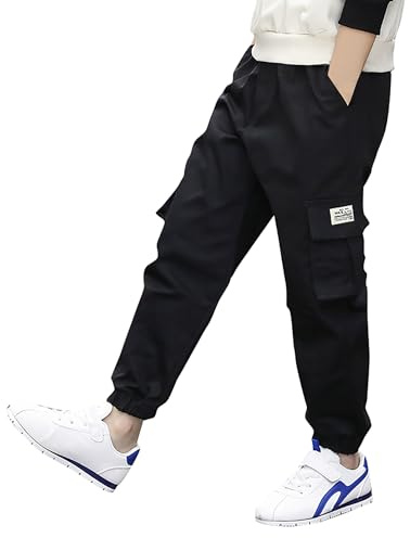 Deekynoop Kinder Cargohose Jungen Twil Cargo Jogginghose mit Elastischem Bund Schwarz Size 158-164