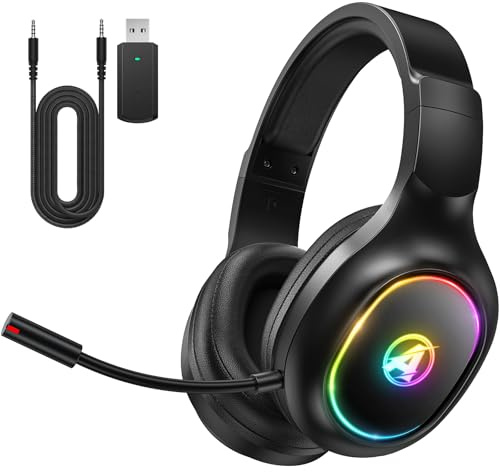 Awinnasey Wireless Gaming Headset für PS4, PS5, PC, Mac, Switch, 2,4 GHz Gaming Kopfhörer mit Geräuschunterdrückung und RGB Licht, Bluetooth Kopfhörer mit Kabel 3.5mm, Schwarz