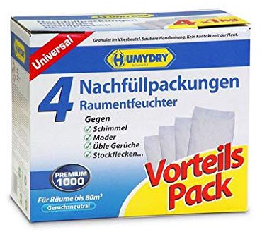 HUMYDRY-Set mit 4x1 kg Feuchtigkeitsabsorbierenden Nachfüllbeuteln-Universeller Luftentfeuchterbeutel- Absorbiert Feuchtigkeit in Räumen bis zu 35m²-Kompatibel mit 1kg Premium-und Magnum-Geräten