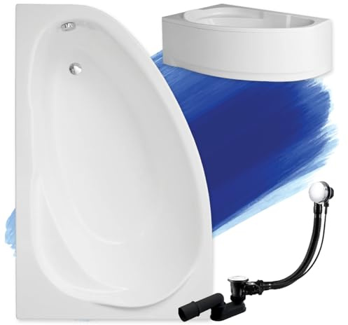 BADLAND Badewanne Original Weiß Acryl Wanne Eckbadewanne MAREA 150x100 Links KOMPLETTSET SET mit Weiß Acrylschürze + Füßen und Exklusive Chrom Automatik Ablaufgarnitur Made in EU 4in1