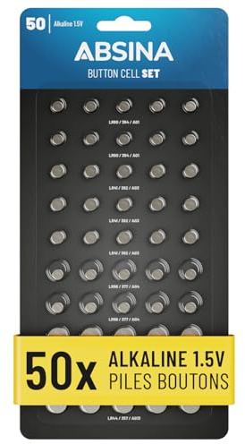 ABSINA 50er Pack Alkaline Knopfzellen Sortiment - je 10x AG1 LR621, AG4 LR66, AG10 LR1130 / 15x AG3 LR41 / 5X AG13 LR44-1,5V Batterie Sortiment auslaufsicher - Knopfzellen Set gemischt