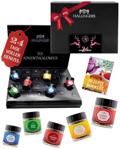 Hallingers Genuss Manufaktur Tee Adventskalender-Set - 24 Sorten premium loser Tee Probierset in edler Box mit Rezept-Booklet Pinke Elche, Weihnachtskalender für Frauen Freundin