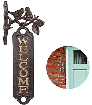 Relaxdays Welcome Schild, Vögel, Antik-Design, Willkommensschild für Wand, Garten, Gusseisen, 39,5 cm hoch, braun/Gold, 1 Stück